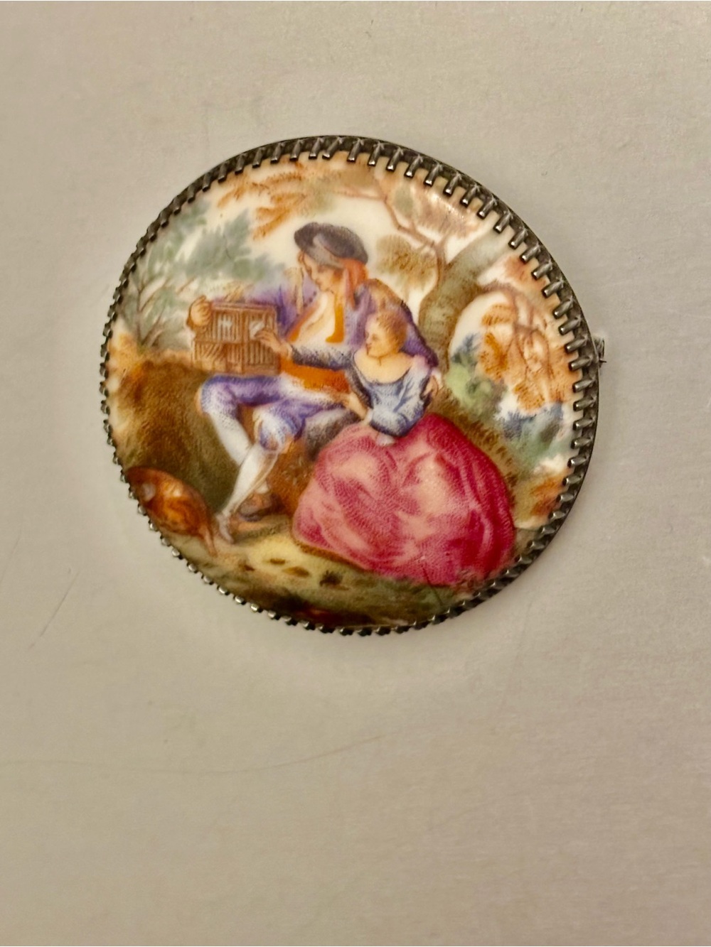 Vintage Romantic Scene Porcelain Brooch  - Pink & Multicolor